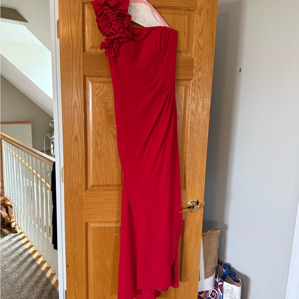 Xscape One-Shoulder Red Dress With Floral Accent. Only Worn Once.